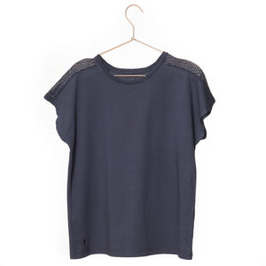 T shirt coton bio eco responsable femme col rond manche courte coupe droite meche bleu suny