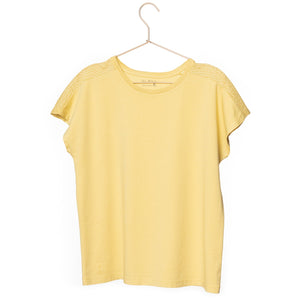 T shirt coton bio eco responsable femme col rond manche courte coupe droite meche jaune suny