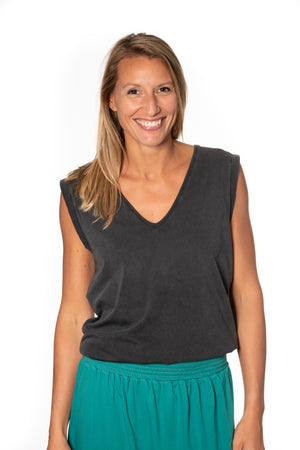 Tee shirt suny femme sans manche débardeur manche courte rock en coton jersey bio GOTS coupe droite, coupe ajustée, col V noir vieilli, noir délavé, noir fade out, noir gris