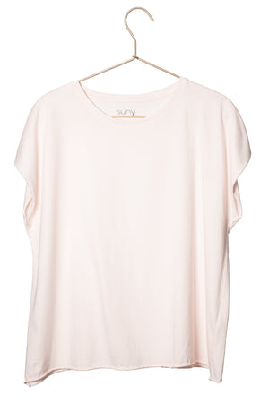 Tee shirt femme manche courte rock court et ample en coton bio GOTS éco responsable sans couture oversize col rond rose poudre, rose pâle, blanc rosé, écru, rose clair