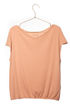 Tee shirt femme manche courte forme droite, blousant et resserré en bas de corps, matière douce en coton bio et GOTS ajourée col V rose des sables, rose doux, rose corail, rose brun, rose orange, vieux rose, rose ancien, rose beige, rose caramel