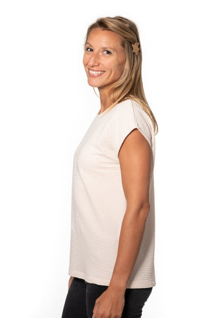 T shirt femme manche courte coupe droite uni coton bio GOTS eco responsable col rond évasé rose poudre, rose pâle, blanc rosé, écru, rose clair