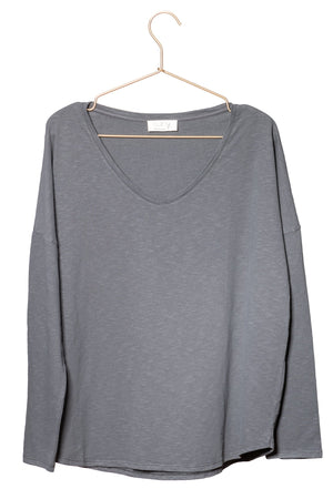 Extra suny V doux tee shirt femme manche longue col v coton 100% biologique gris foncé anthracite
