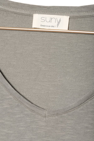 tee shirt 100% biologique manche longue femme col v coton gris kaki Extra suny V doux