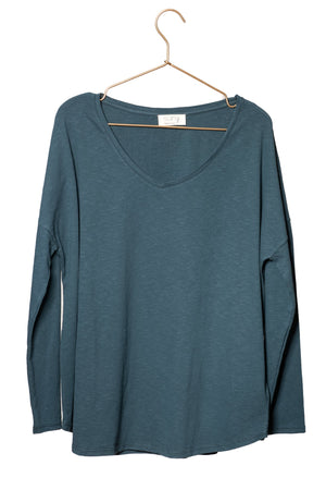 tee shirt 100% biologique manche longue femme col v coton vert bleu canard Extra suny V doux