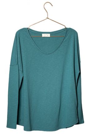 tee shirt 100% biologique manche longue femme col v coton vert pin Extra suny V doux
