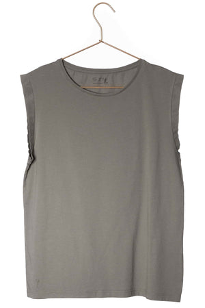 Tee shirt femme sans manche débardeur manche courte rock en coton jersey bio GOTS coupe droite, coupe ajustée, col rond gris kaki, gris, kaki, vert doux, gris vert