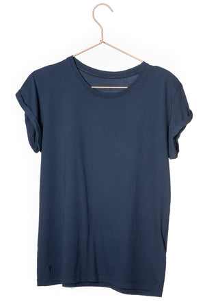 Tee shirt femme à manche courte retournée coupe droite en coton bio certifié GOTS col rond bleu marine, bleu foncé