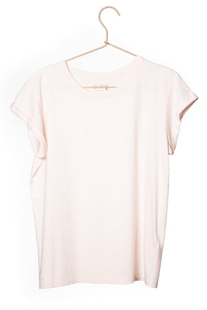 Tee shirt femme à manche courte retournée coupe droite en coton bio certifié GOTS col rond rose poudre, rose pâle, blanc rosé, écru, rose clair