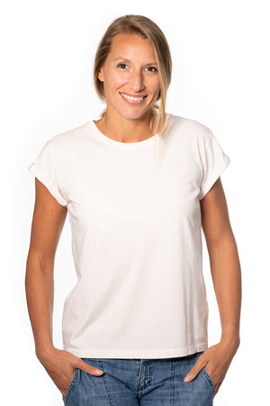 Tee shirt femme à manche courte retournée coupe droite en coton bio certifié GOTS col rond rose poudre, rose pâle, blanc rosé, écru, rose clair