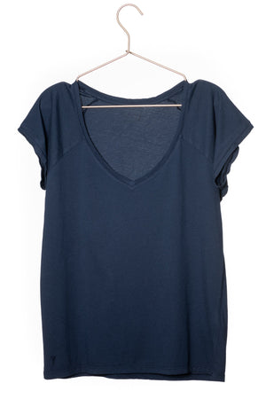 Tee shirt femme manche raglante courte, en coton bio GOTS éco responsable col V bleu marine, bleu foncé