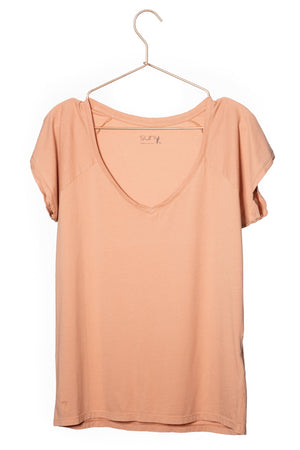 Tee shirt femme manche raglante courte, en coton bio GOTS éco responsable col V rose des sables, rose doux, rose corail, rose brun, rose orange, vieux rose, rose ancien, rose beige, rose caramel
