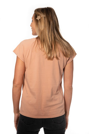 Tee shirt femme manche raglante courte, en coton bio GOTS éco responsable col V rose des sables, rose doux, rose corail, rose brun, rose orange, vieux rose, rose ancien, rose beige, rose caramel