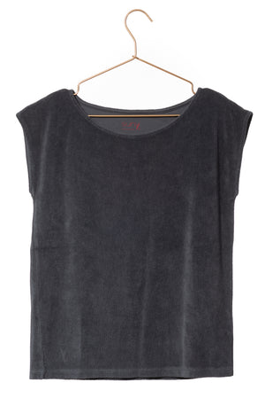 T shirt femme éponge bouclette manche courte coupe droite uni coton bio GOTS eco responsable col rond évasé gris anthracite