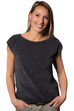 T shirt femme éponge bouclette manche courte coupe droite uni coton bio GOTS eco responsable col rond évasé gris anthracite