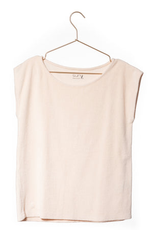 T shirt femme éponge bouclette manche courte coupe droite uni coton bio GOTS eco responsable col rond évasé nude