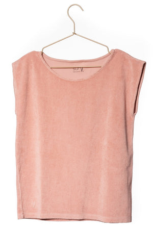 T shirt femme éponge bouclette manche courte coupe droite uni coton bio GOTS eco responsable col rond évasé vieux rose rose rose doux rose ancien rose pâle