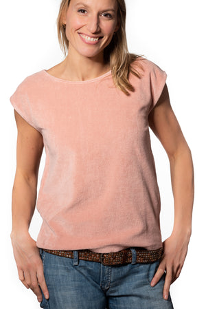 T shirt femme éponge bouclette manche courte coupe droite uni coton bio GOTS eco responsable col rond évasé vieux rose rose rose doux rose ancien rose pâle