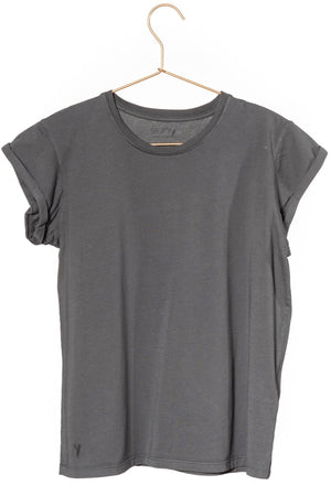 Tee shirt femme manche courte à revers forme droite ajustée col rond encolure ronde super Suny gris charbon anthracite gris foncé noir délavé en coton jersey bio GOTS et eco responsable