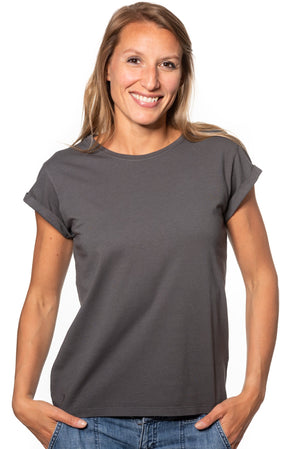 Tee shirt femme manche courte à revers forme droite ajustée col rond encolure ronde super Suny gris charbon anthracite gris foncé noir délavé en coton jersey bio GOTS et eco responsable