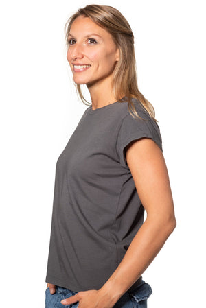 Tee shirt femme manche courte à revers forme droite ajustée col rond encolure ronde super Suny gris charbon anthracite gris foncé noir délavé en coton jersey bio GOTS et eco responsable