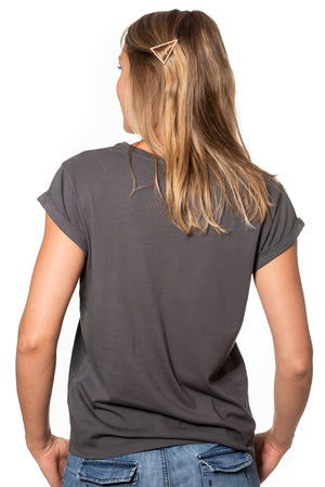 Tee shirt femme manche courte à revers forme droite ajustée col rond encolure ronde super Suny gris charbon anthracite gris foncé noir délavé en coton jersey bio GOTS et eco responsable