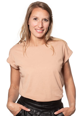 Tee shirt femme manche courte à revers forme droite ajustée col rond encolure ronde super Suny vieux rose rose rose doux rose ancien rose pâle en coton jersey bio GOTS et eco responsable