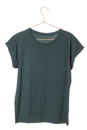 Tee shirt femme manche courte à revers forme droite ajustée col rond encolure ronde super Suny vert foncé vert soutenu en coton jersey bio GOTS et eco responsable