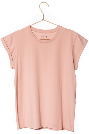 Tee shirt femme manche courte à revers forme droite ajustée col rond encolure ronde super Suny vieux rose rose rose doux rose ancien rose pâle en coton jersey bio GOTS et eco responsable
