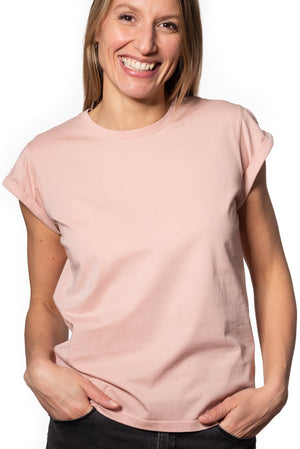 Tee shirt femme manche courte à revers forme droite ajustée col rond encolure ronde super Suny vieux rose rose rose doux rose ancien rose pâle en coton jersey bio GOTS et eco responsable