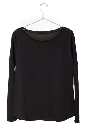 T shirt femme col rond evase manche longue coton bio souple forme oversize noir uni extra suny