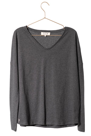 tee shirt manche longue col V en coton upcyclé extra suny V gris anthracite chiné
