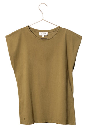 Tee shirt coton bio femme manche courte à épaulettes non rigides vert kaki vert bronze
