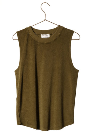 tee shirt éponge bouclette bio pour femme col rond manche courte vert kaki