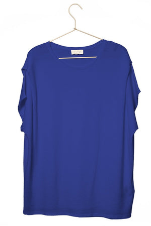 Tee shirt suny chic pour femme oversize col évasé dégagé manche structurée courte tombante à pince en coton bio GOTS et eco responsable bleu outremer bleu vif bleu majorelle