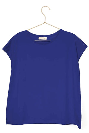 Tee shirt femme manche courte rock court et ample en coton bio GOTS éco responsable sans couture oversize col rond bleu outremer, bleu lumineux