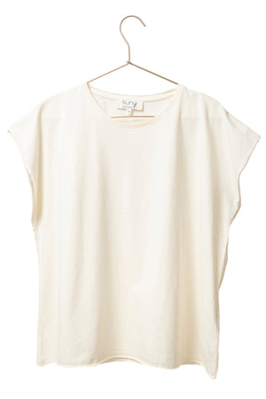 Tee shirt femme manche courte rock court et ample en coton bio GOTS éco responsable sans couture oversize col rond écru blanc cassé