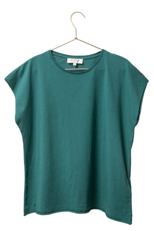 Tee shirt femme manche courte rock court et ample en coton bio GOTS éco responsable sans couture oversize col rond bleu vert bleu canard
