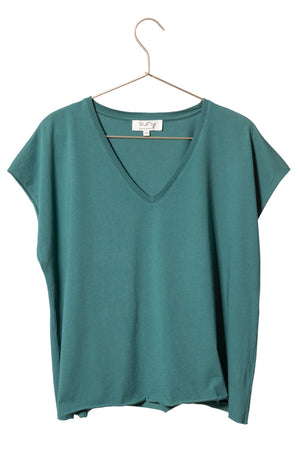 Tee shirt femme manche courte rock court et ample en coton bio GOTS éco responsable sans couture oversize col v beurre frais vert bleu canard