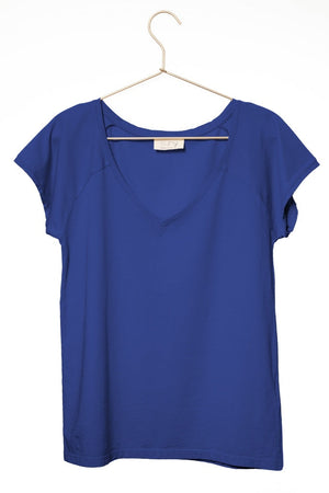 Tee shirt femme manche raglante courte, en coton bio GOTS éco responsable col V bleu outremer bleu lumineux bleu