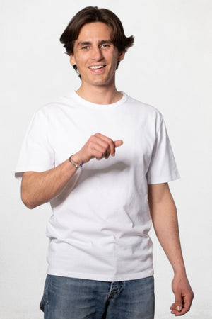 Tee-shirt basique homme manche courte coupe droite, col rond avec double surpiqûre à l’encolure, coton lourd biologique certifié GOTS molleton blanc beige, blanc cassé, beige, écru, blanc pâle