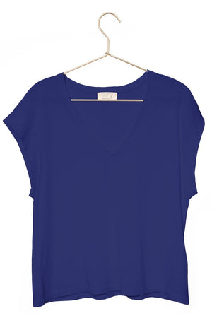 T-shirt basique femme col V coton et lin biologique coupe droite fabrication ecoresponsable bleu outremer, bleu lumineux, bleu foncé