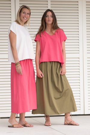 Jupe longue femme fluide smock à la taille jupon smocké jersey de coton bio GOTS éco-responsable robe bustier robe de plage rouge rose et vert bronze