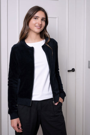 Blouson pour femme avec zip en velours côtelé bio certifié GOTS eco-responsable noir