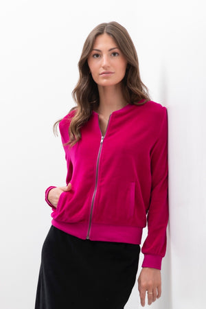 blouson Zippy Suny en velours lisse rose fuchsia – coupe droite et zip canon de fusil – Suny