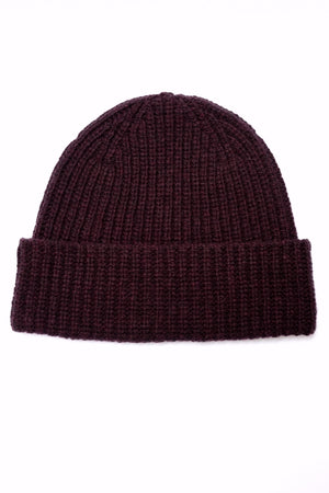 Bonnet HARPER bordeaux chiné en laine italienne upcyclée avec maille côtelée et large revers Suny