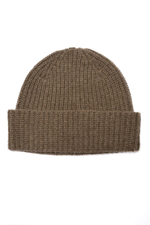 Bonnet HARPER café en laine italienne upcyclée avec maille côtelée et large revers Suny