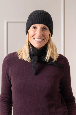 Bonnet Harper noir noir en laine douce, avec large revers et coupe parfaite, accessoire d’hiver unisexe Suny