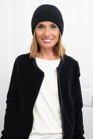 Bonnet Harper noir noir en laine douce, avec large revers et coupe parfaite, accessoire d’hiver unisexe Suny
