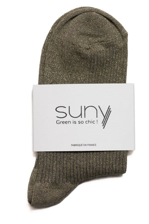 Chaussettes basses Ginette à paillettes, en coton gris kaki, fabriquée en France, hauteur 10,5 cm.